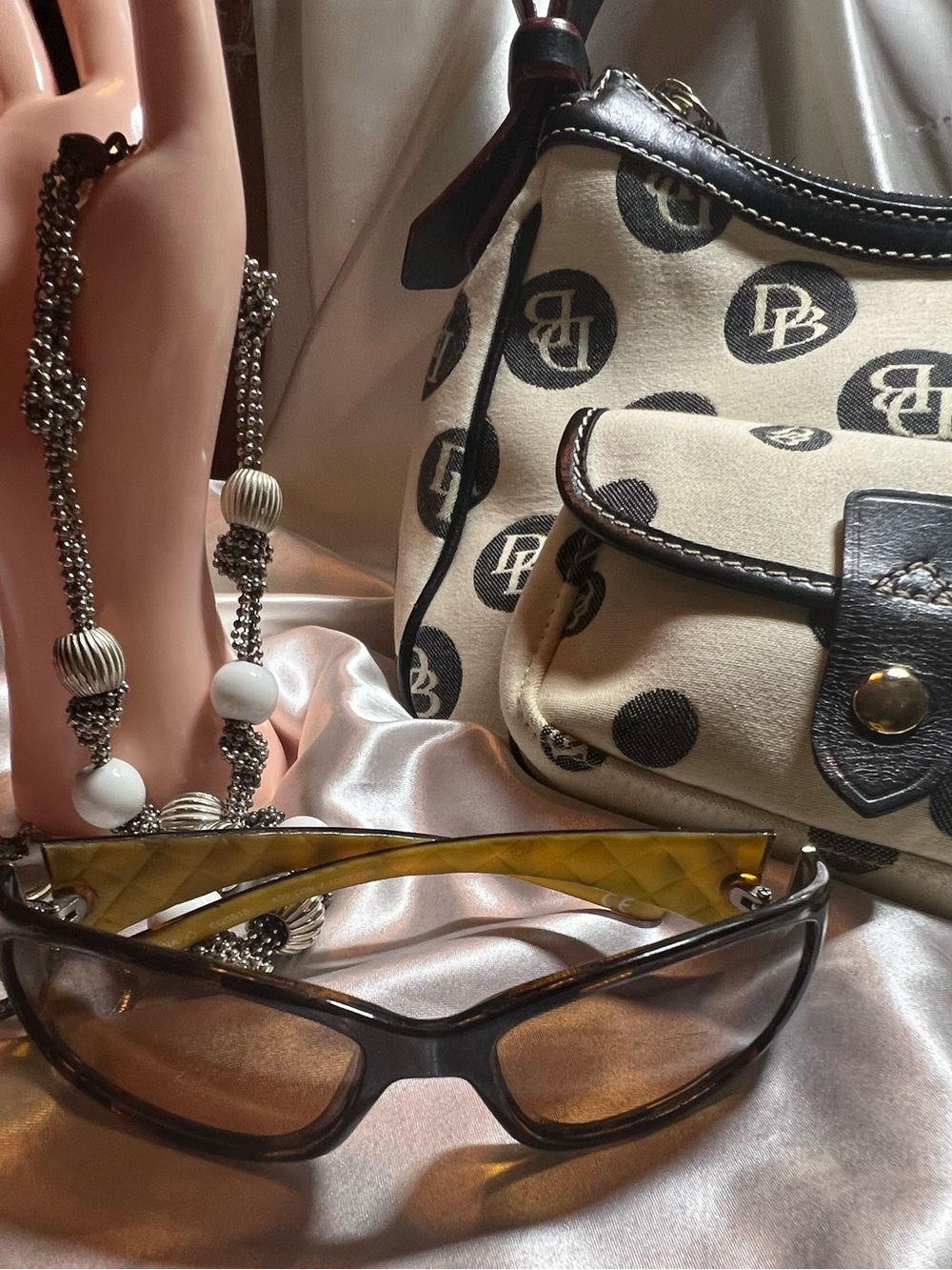 Dooney & Bourke Brown and Cream Logo Canvas Shoulder Bag with Brown Trim